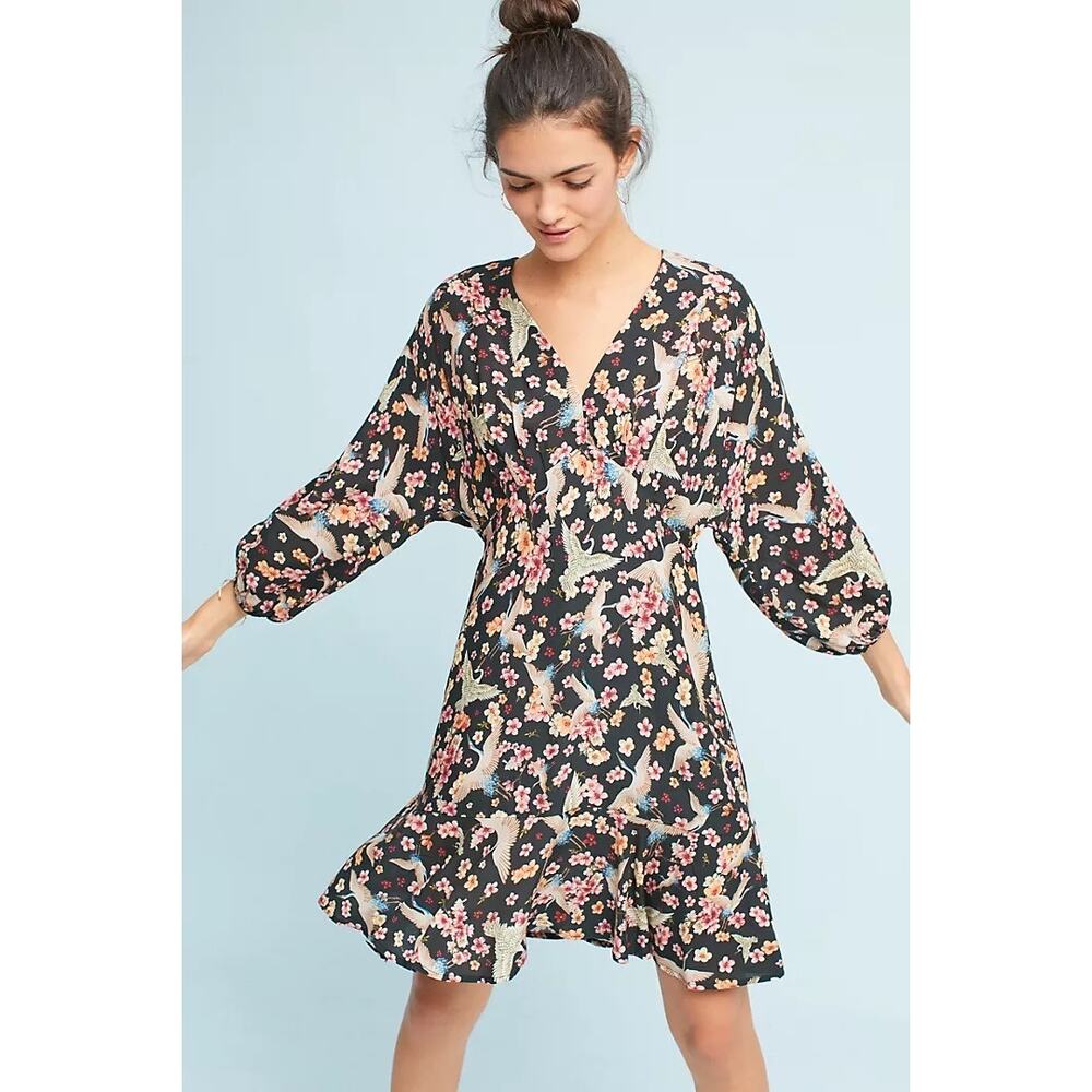 Anthropologie Farm Rio Avia V Neck Dress Floral Birds Flowy Puff Sleeve Medium